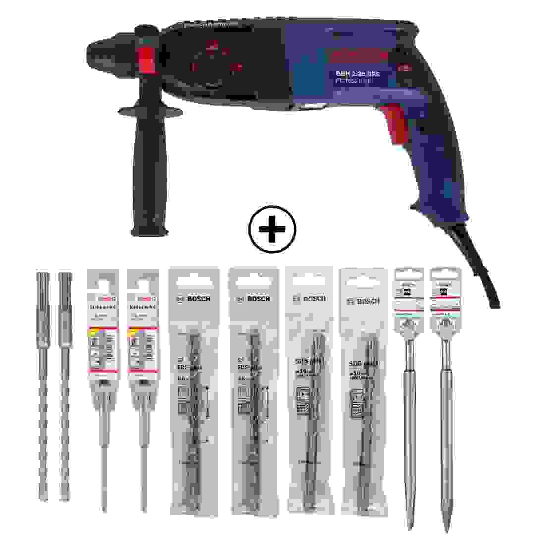 Bosch Corded Professional Rotary Hammer W/SDS Plus, GBH 2-26 DRE (800 W) + Mixed 3-Function Bit Set (10 Pc.) Bundle