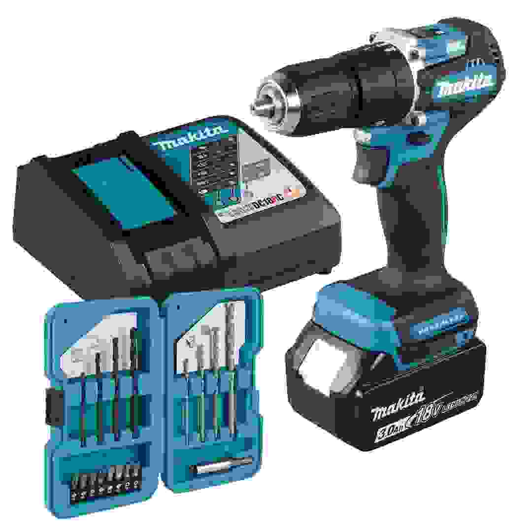 Makita Cordless Hammer Driver Drill W/Battery & Charger, DHP487RF1J (18 V) + Bit Set (17 Pc.)