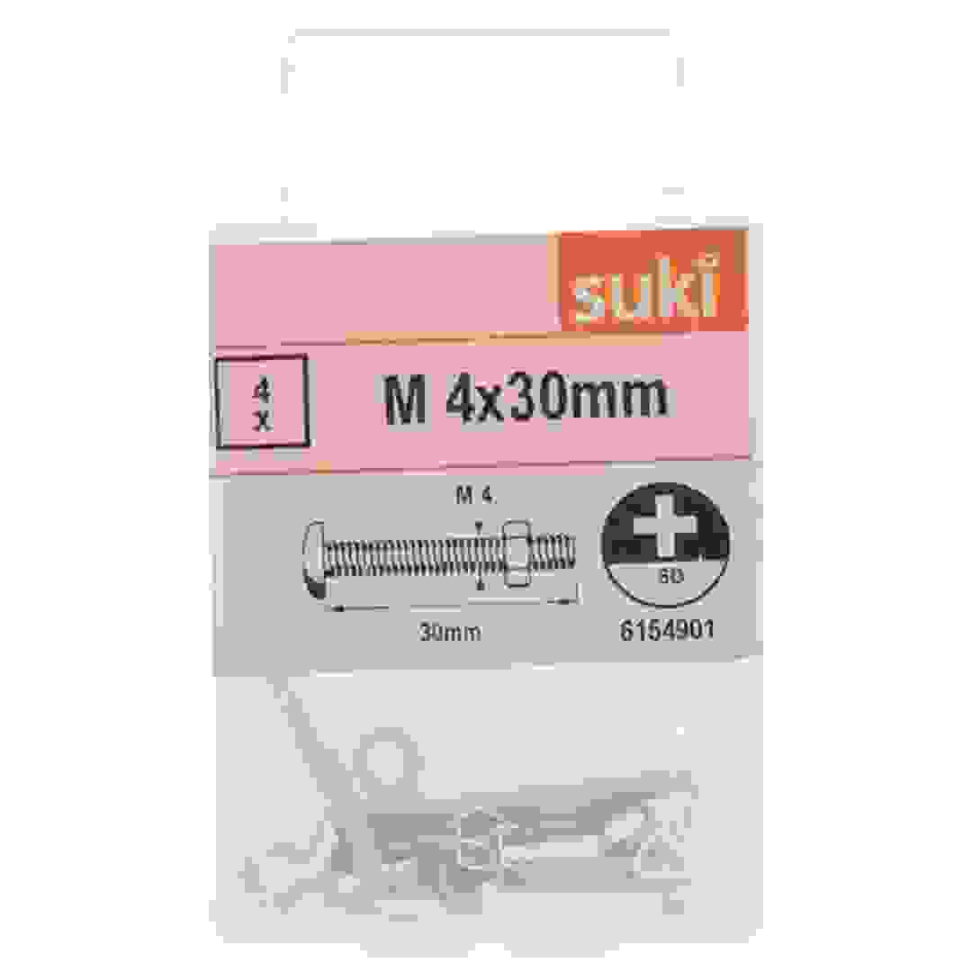 Suki Slotted Poelier Head Screws & Washers (M4 x 3 cm, Pack of 4)