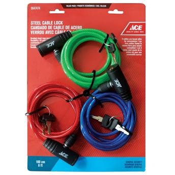 Ace Steel Cable Lock W/Keys (180 x 0.6 cm, 3 Pc.)