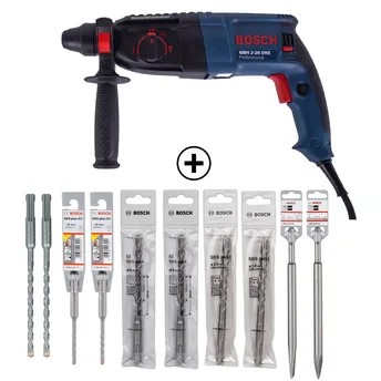 Bosch Corded Professional Rotary Hammer W/SDS Plus, GBH 2-26 DRE (800 W) + Mixed 3-Function Bit Set (10 Pc.) Bundle