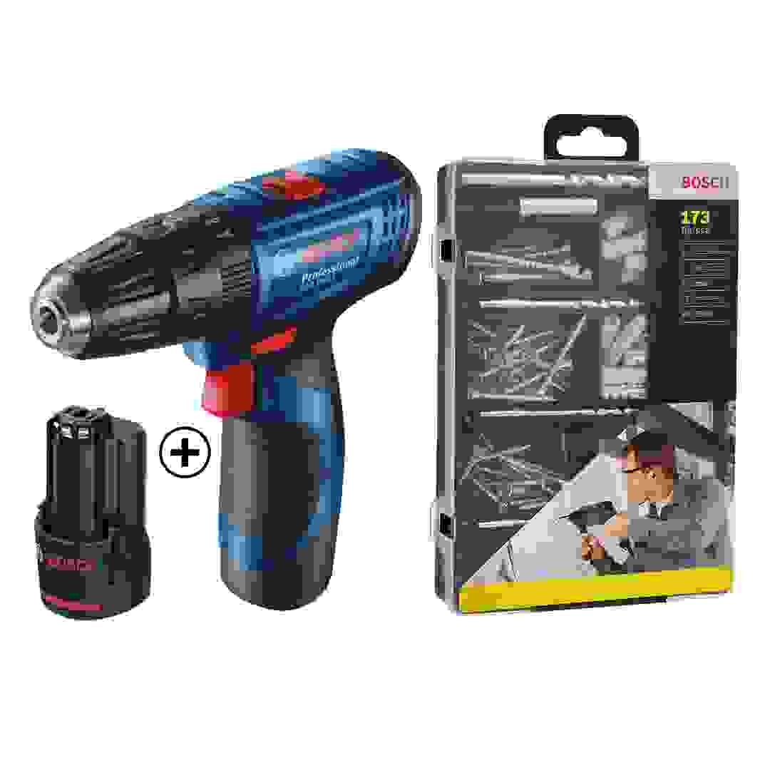 Bosch Professional Cordless Combi Drill, GSB 120-LI (12 V) + Bosch Fixing Set (173 Pc.) Bundle