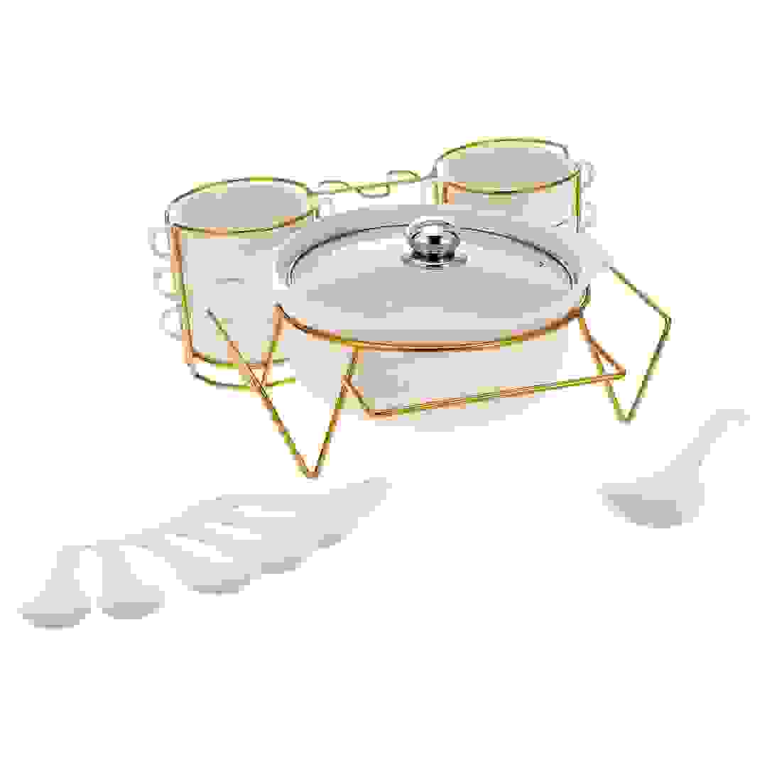 Shallow Porcelain Soup Set W/Stand (15 Pc., White & Gold)
