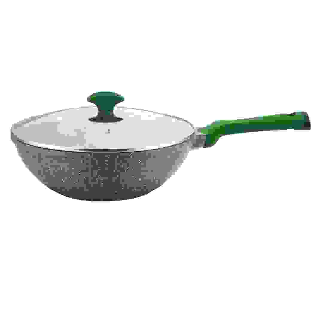 Prestige Essentials Non-Stick Granite Wok Pan W/Lid & Aluminum Base (28 cm, Green)